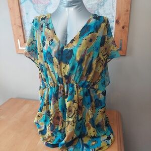 Lane Bryant Floral V-Neck Tunic Top - Blue and Yellow Women's Size 22/24